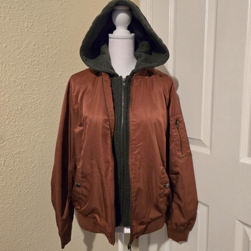 Forever 21 Hooded Bomber Jacket Womens Layered‎ Double Zip Utility Coat Small